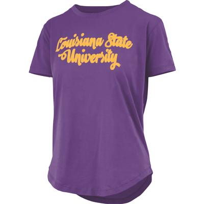 LSU Pressbox Script Sequins Round Bottom Tee