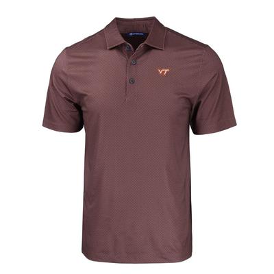 Virginia Tech Cutter & Buck Pike Eco Tonal Geo Print Stretch Recycled Polo BORDEAUX